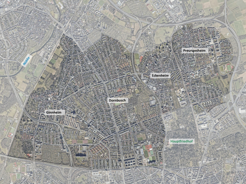 Der Untersuchungsraum Mittlerer Norden im Luftbild; Kartengrundlage: Stadtvermessungsamt Frankfurt am Main © Stadtplanungsamt Frankfurt am Main