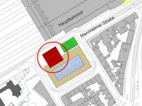 The layout plan indicates one potential high-rise location (shown in red), © Stadtplanungsamt Stadt Frankfurt am Main 