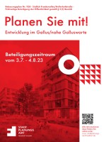 Plakatierung zur Informationsveranstaltung zur frühzeitigen Öffentlichkeitsbeteiligung, Beispiel Bebauungsplan Nummer 928 - Südlich Frankenallee/Hellerhof -, © Stadtplanungsamt Frankfurt am Main