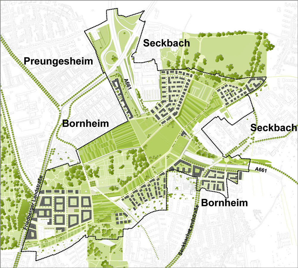 Map section: Urban planning and spatial intertwining Ernst May district, Pesch Partner Architekten, Glück Landschaftsarchitektur, © City of Frankfurt Planning Department, basis of map: City of Frankfurt Surveying Department