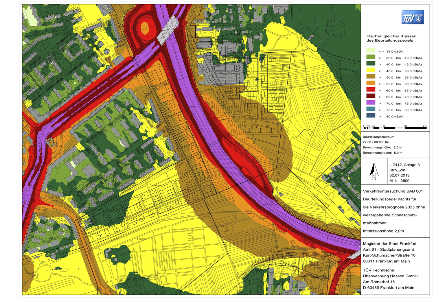 Study of traffic on the A 661 interstate without further noise protection measures, © City of Frankfurt Planning Department; map basis: City of Frankfurt Surveying Departmentnahme, © Stadtplanungsamt Stadt Frankfurt am Main, TÜV Hessen,  Kartengrundlage: Stadtvermessungsamt Stadt Frankfurt am Main