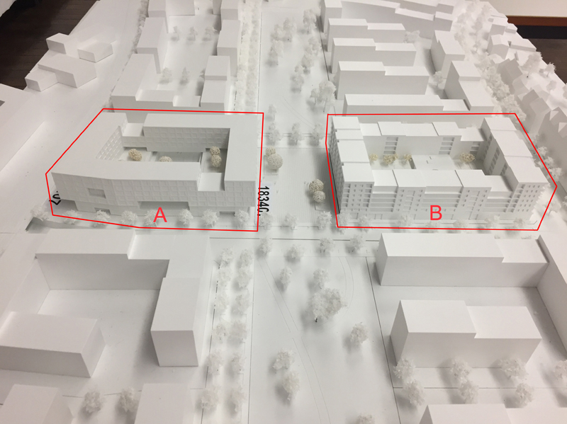 Modellfoto der Siegerentwürfe, Baufeld A: Ackermann + Raff, Baufled B: Menges Scheffler Architekten © Stadtplanungsamt Stadt Frankfurt am Main 