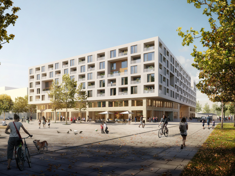 Grundschule und Wohnen. Ackermann + Raff aus Stuttgart bauen für die Nassauische Heimstätte das südlich des zentralen Platzes gelegene Baufeld A. Visualisierung © moka-studio