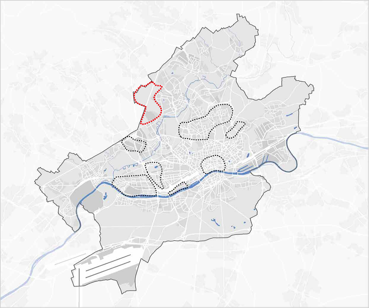 Rot markiert: das Untersuchungsgebiet in Nordwesten Frankfurts, © Stadtplanungsamt Stadt Frankfurt am Main  