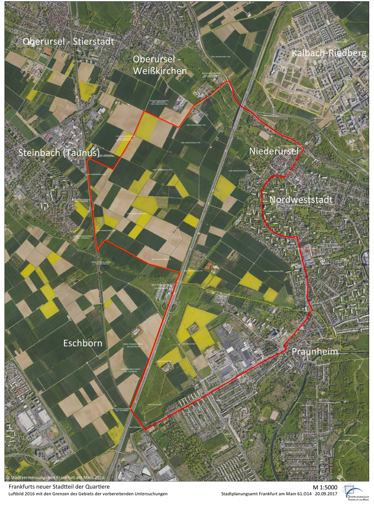 Luftbild 2016 mit den Grenzen des Gebietes der vorbereitenden Untersuchungen, © Stadtplanungsamt Stadt Frankfurt am Main, Luftbild: Stadtvermessungsamt Stadt Frankfurt am Main 