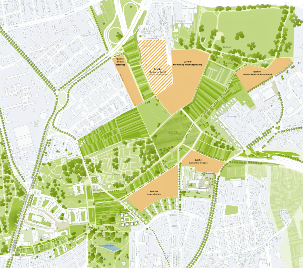 Kartenausschnitt: 2019, Fortschreibung des städtebaulichen und landschaftsplanerischen Rahmenplans Ernst-May-Viertel, Pesch Partner Architekten, Glück Landschaftsarchitektur