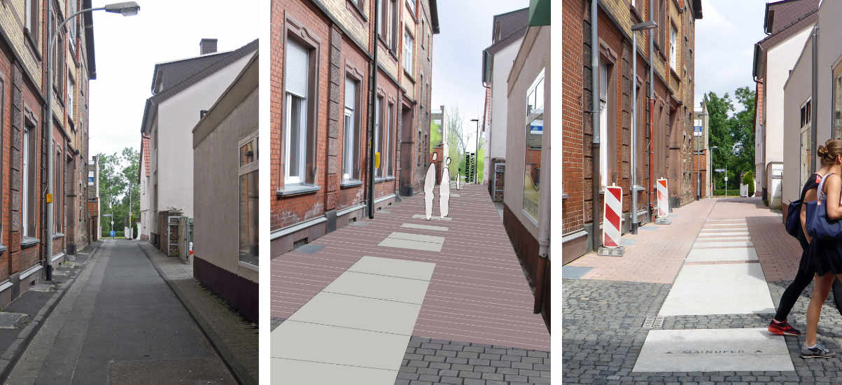 Before and after: Plessengasse (with rendering in the middle), © City Planning Department, City of Frankfurt/Main