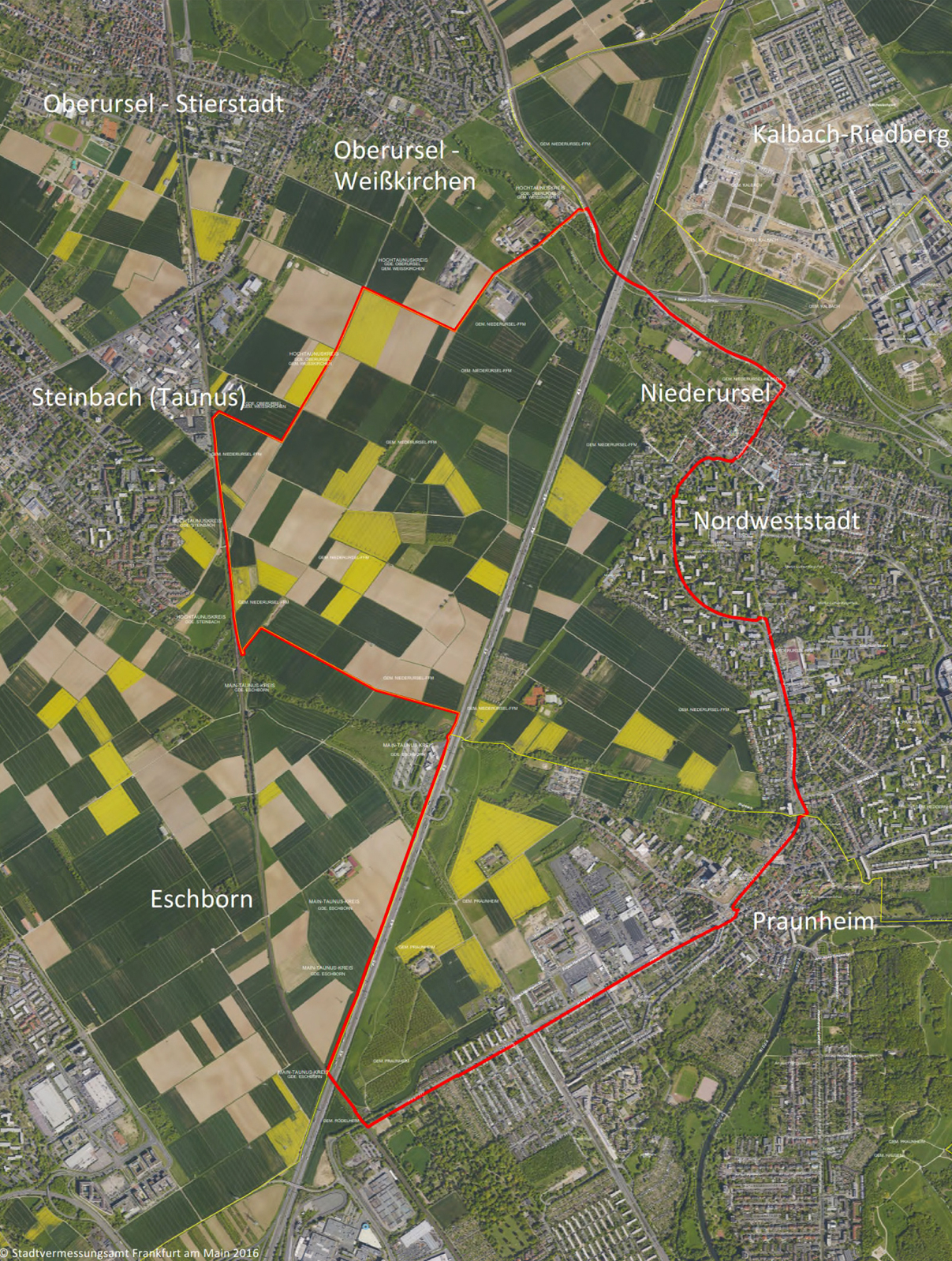 Aerial image 2016 with the boundaries of the area of the preparatory studies, © Urban Planning Office of the City of Frankfurt am Main , aerial image: Stadtvermessungsamt Stadt Frankfurt am Main 