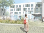 Visualisierung des zentralen Quartiersplatzes des neuen Stadtquartiers im Norden Frankfurts aus der mit dem ersten Preis ausgezeichneten Arbeit von pbr, © ABG/pbr  