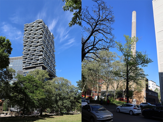 Auf dem ehemaligen AfE-Areal wurde das B&uuml;rohochhaus �99 West� (2021) und das 140 m hohe Hybridhochhaus ONEFORTYWEST (2020) errichtet. Das Fernheizwerk wurde nach dem Entwurf des Architekten Ferdinand Kramer 1953 realisiert. &copy; Stadt Frankfurt 