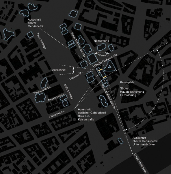 Lageplan Blickbeziehung Hochhausebene zu Hochhaus Neue Mainzer Straße 32-38, Entwurf: BAS conceptlicht, © Stadtplanungsamt Stadt Frankfurt am Main 