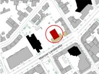 Der Lageplan zeigt einen möglichen Hochhausstandort (in rot dargestellt), © Stadtplanungsamt Stadt Frankfurt am Main 