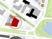 Der Lageplan zeigt einen möglichen Hochhausstandort (in rot dargestellt), © Stadtplanungsamt Stadt Frankfurt am Main
