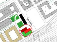 The layout plan indicates one potential high-rise location (shown in red), © Stadtplanungsamt Stadt Frankfurt am Main 