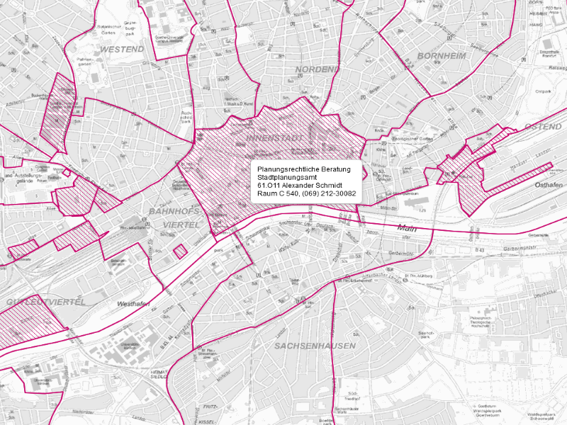 Ausschnitt planAS - Vorbehaltsgebiete, Ansprechpartner planungsrechtliche Beratung, © Stadtplanungsamt Frankfurt am Main