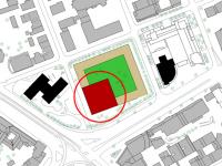 The layout plan indicates one potential high-rise location (shown in red), © Stadtplanungsamt Stadt Frankfurt am Main 